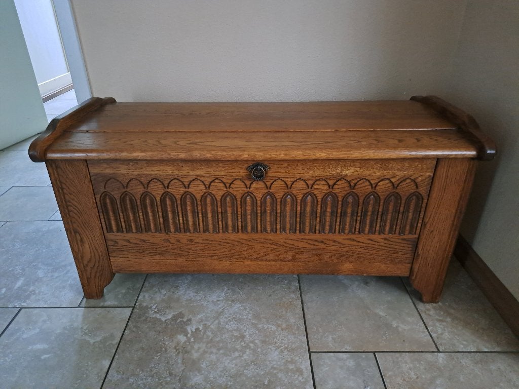 dekenkist eikenhout mooi gedecoreerd, Huis en Inrichting, Ophalen, Minder dan 50 cm, 50 tot 100 cm, Eikenhout