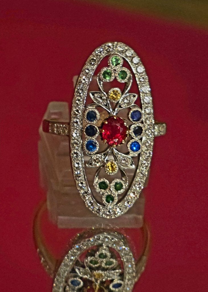 Exclusieve ring met spinel, tsavorieten, saffieren,diam, Sieraden, Tassen en Uiterlijk, Ringen, 18 tot 19, Ophalen of Verzenden