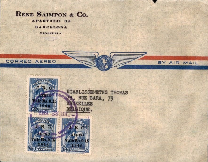 Venezuela - Opdruk frankering - Luchtpost - België - 1946, Verzenden, Envelop