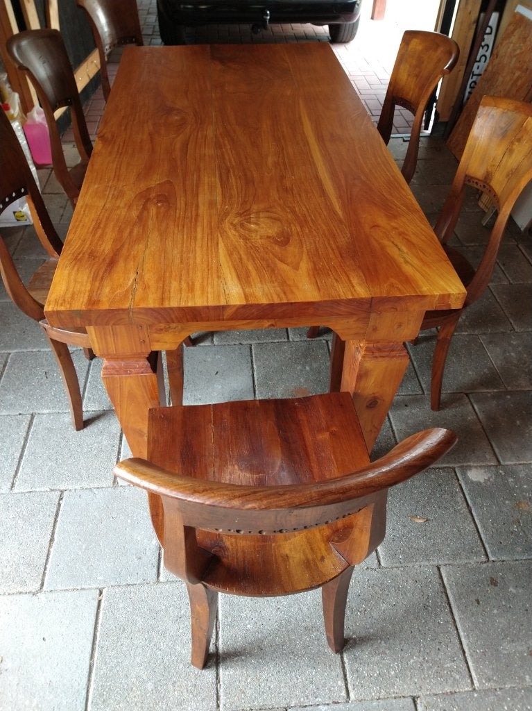 Teak tafel met stoelen 160 X 80 en 4 cm massief houten blad, Ophalen, Gebruikt, Teakhout, 50 tot 100 cm
