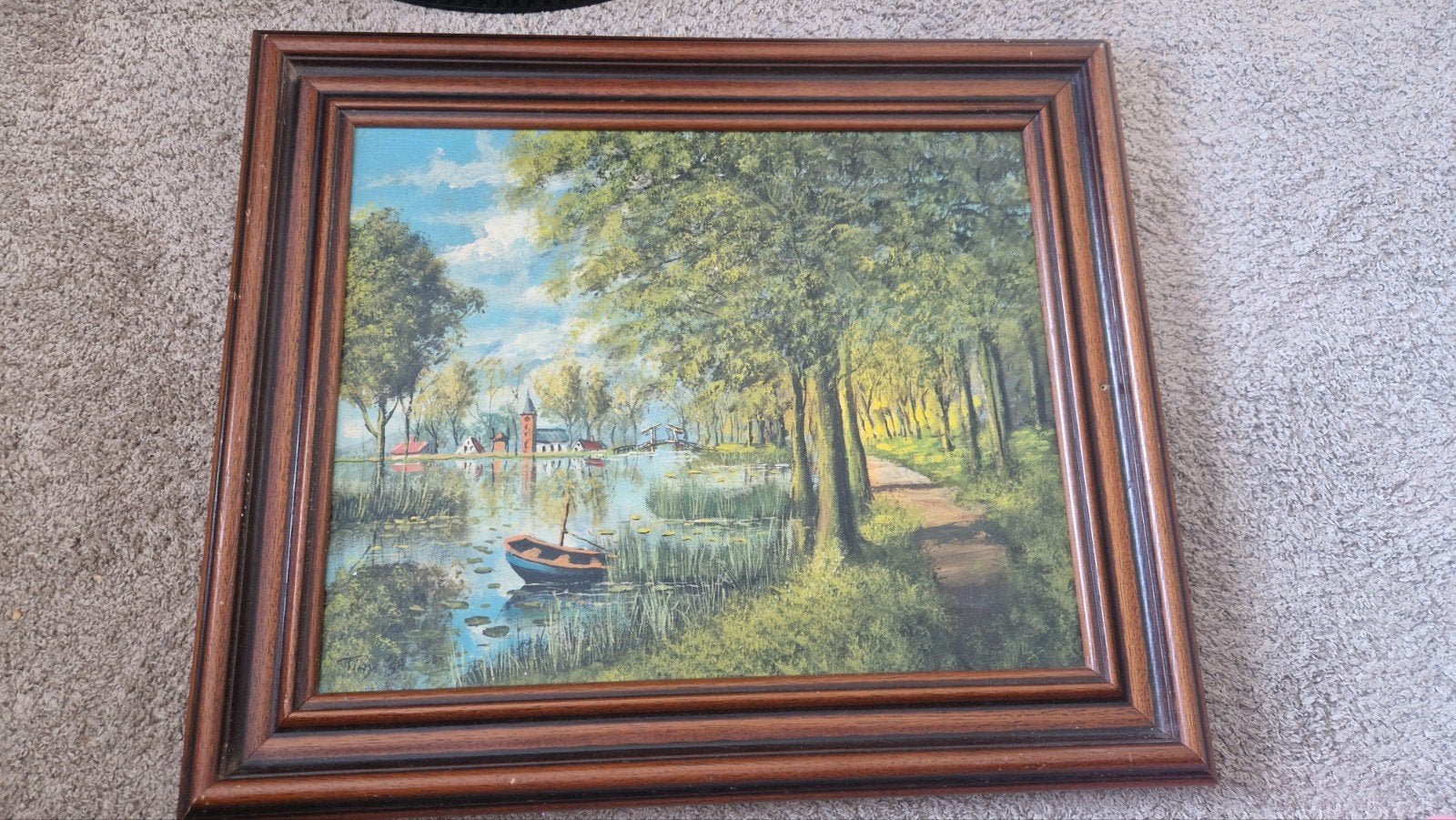 Schilderij met Hollands landschap en bootje, 63x54 cm, Doek, Realistisch, Ophalen of Verzenden, Landschap