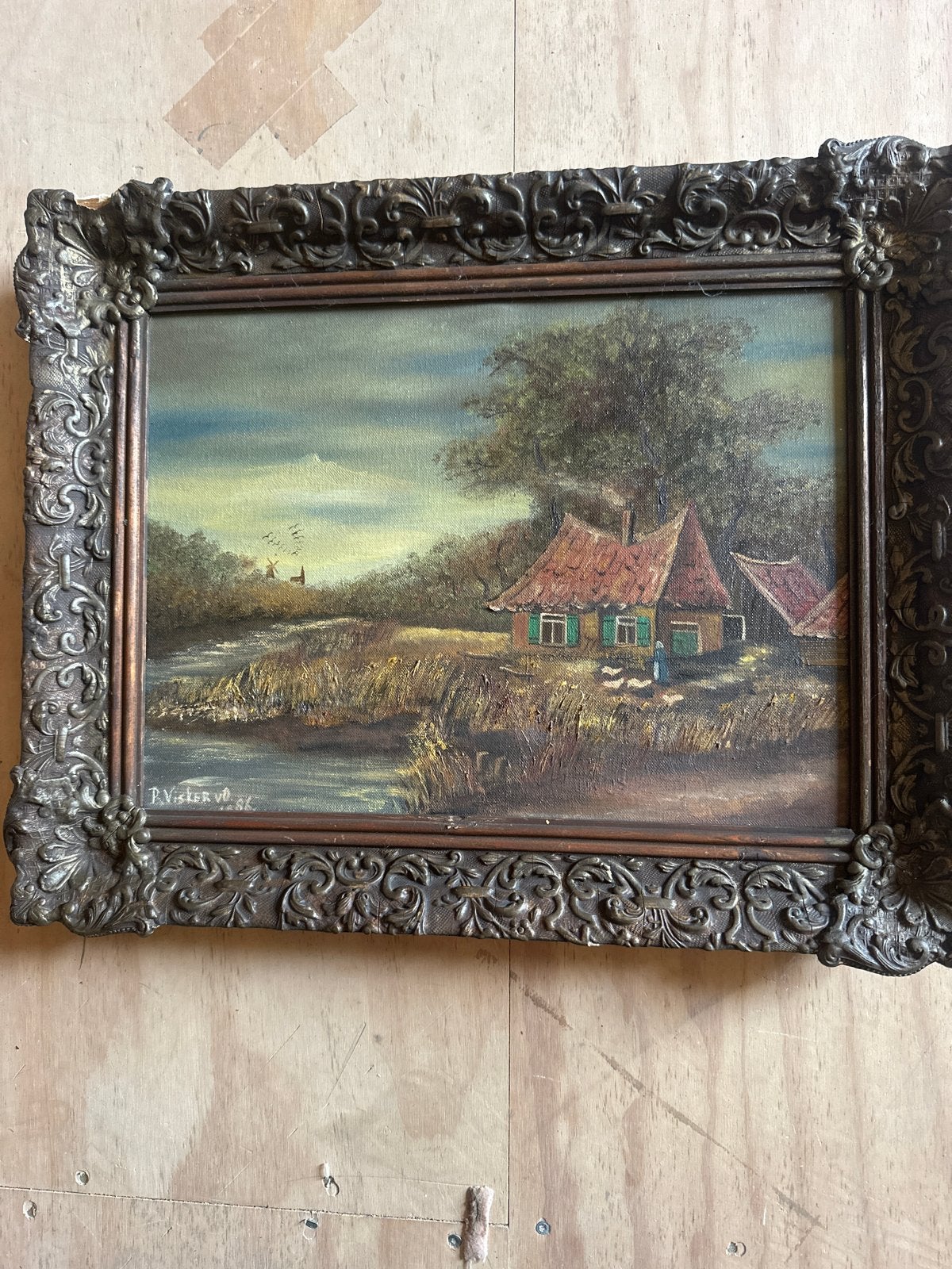 Oud Hollands Landschap Schilderij - Gesigneerd R. Visser, Ophalen of Verzenden