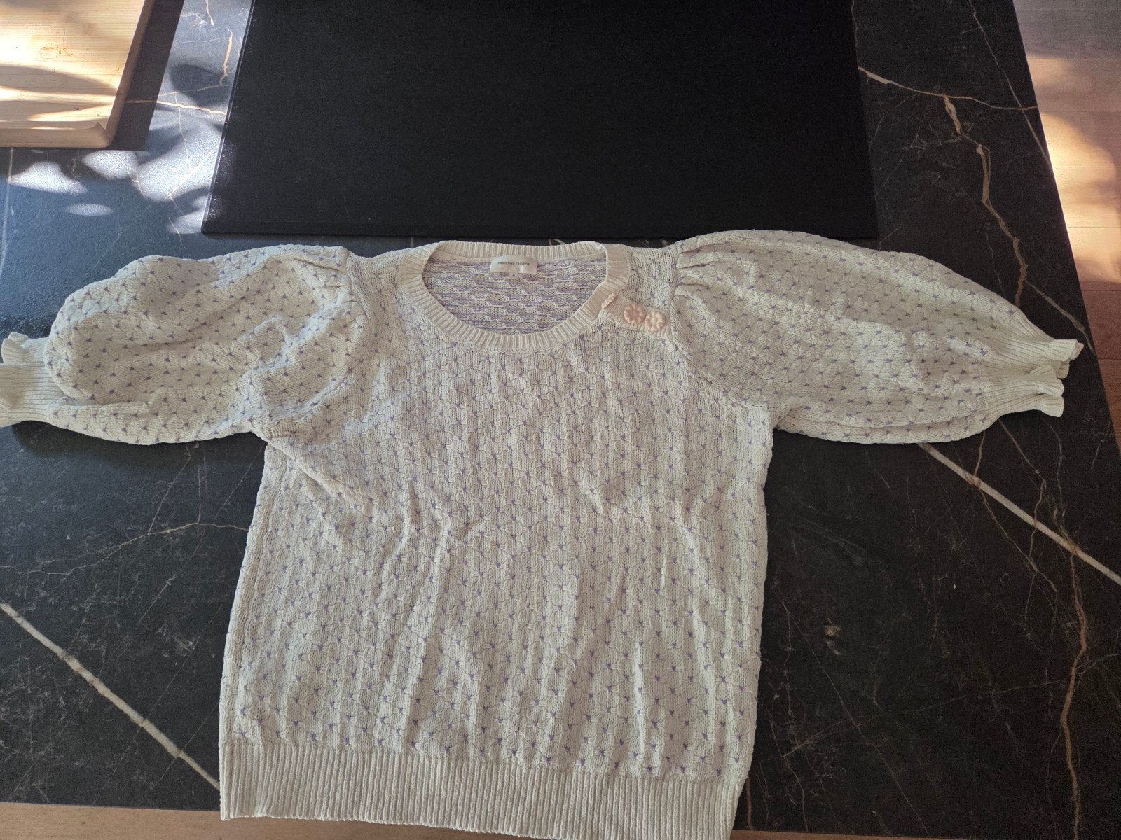 Fabienne Chapot trui met pofmouwen en bloemknoopjes, Beige, Maat 46/48 (XL) of groter, Ophalen of Verzenden, Zo goed als nieuw
