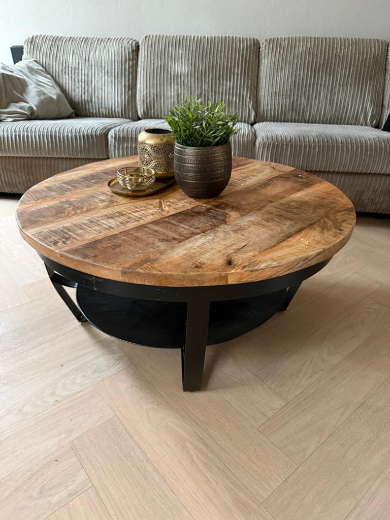 Stijlvolle ronde salontafel van mangohout en metaal, Huis en Inrichting, Ophalen, Rond, 50 tot 100 cm, Zo goed als nieuw