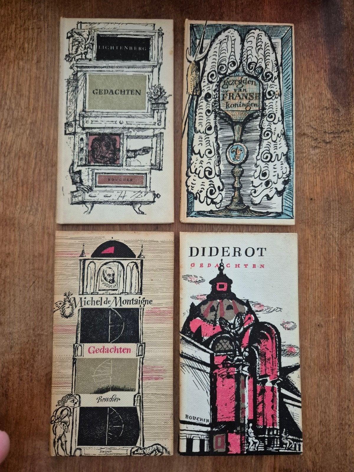 Set van 4 vintage Boucher-boekjes (Diderot, Montaigne e.a.), Ophalen of Verzenden, Gelezen