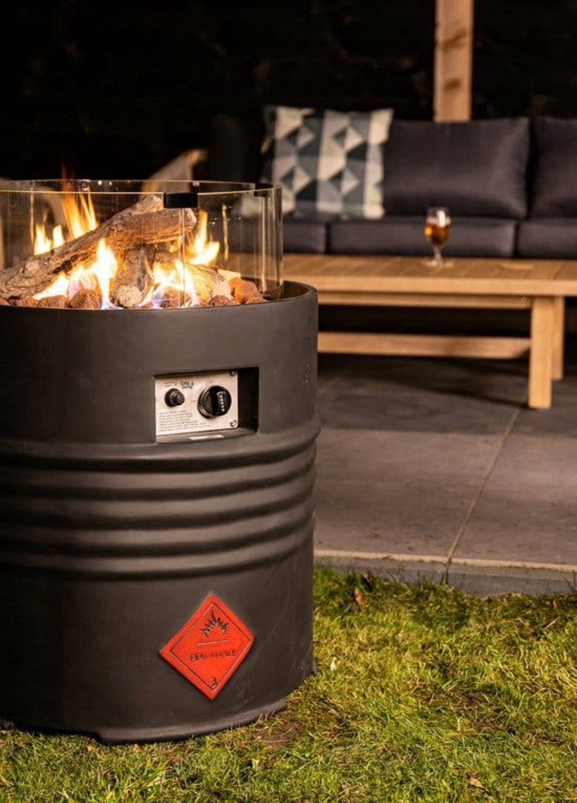 Cozy barrel olievat gas tuinhaars sfeerhaard 60/62 igst, Ophalen, Zo goed als nieuw