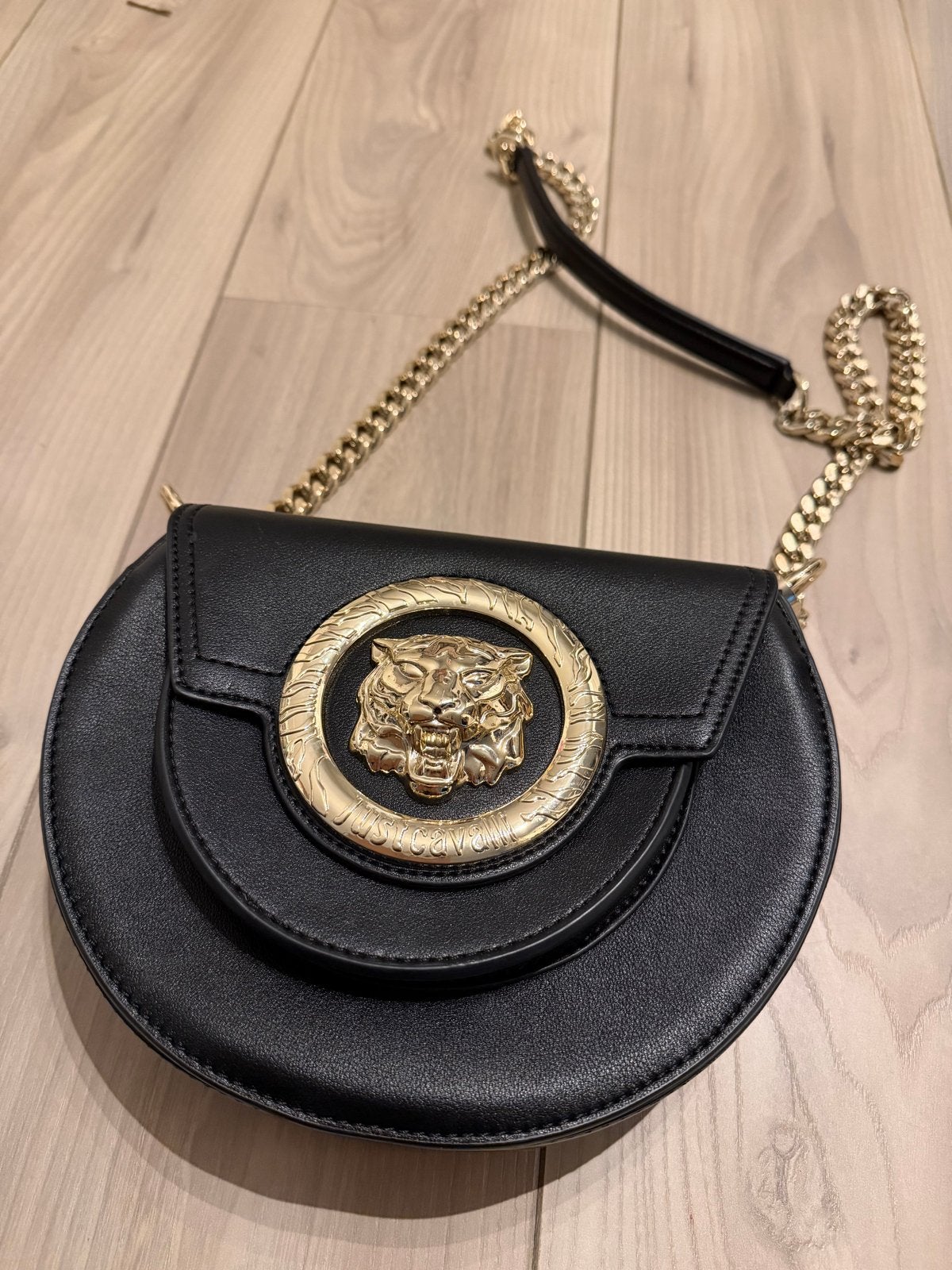 Just Cavalli schoudertas/crossbody met gouden tijgerkop, Ophalen of Verzenden, Zo goed als nieuw, Zwart, Schoudertasje