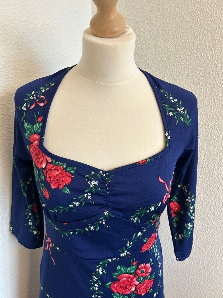 King Louie maat S blauwe rozen jurk 504, Blauw, Ophalen of Verzenden, Zo goed als nieuw, Knielengte