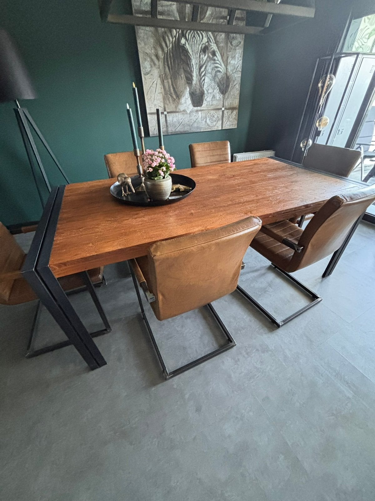 Teakhouten tafel met metalen frame, Huis en Inrichting, Tafels | Eettafels, Ophalen, Industrieeel, Teakhout, 50 tot 100 cm