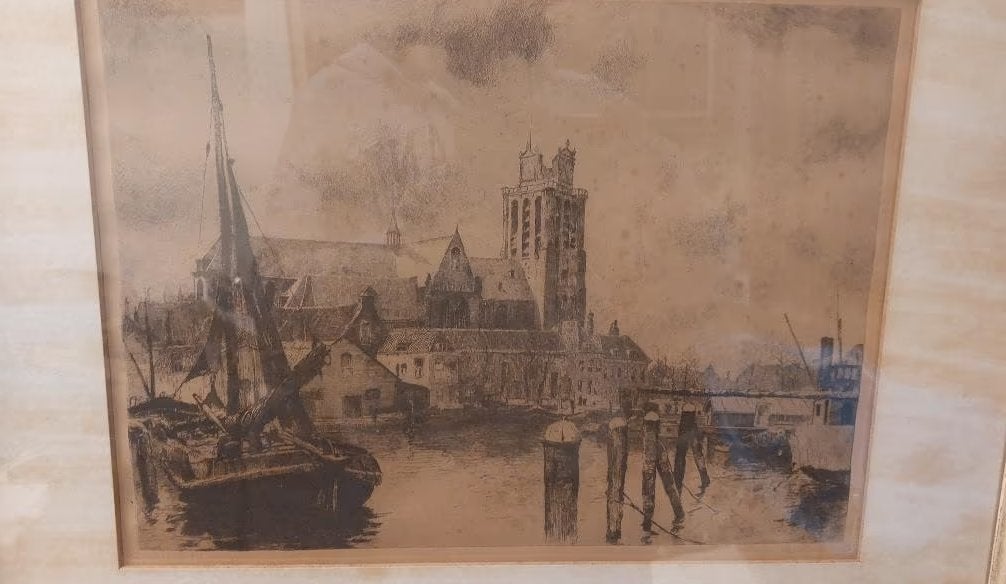 Ets Jan Sirks ' Dordrecht', Antiek en Kunst, Kunst | Etsen en Gravures, Ophalen, Stadsgezicht, Met tekst, 1950 - 1999