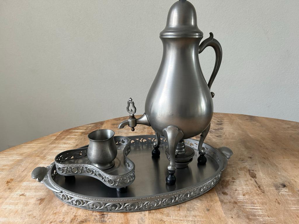 Antieke tinnen koffie/thee set met dienblad, Ophalen of Verzenden