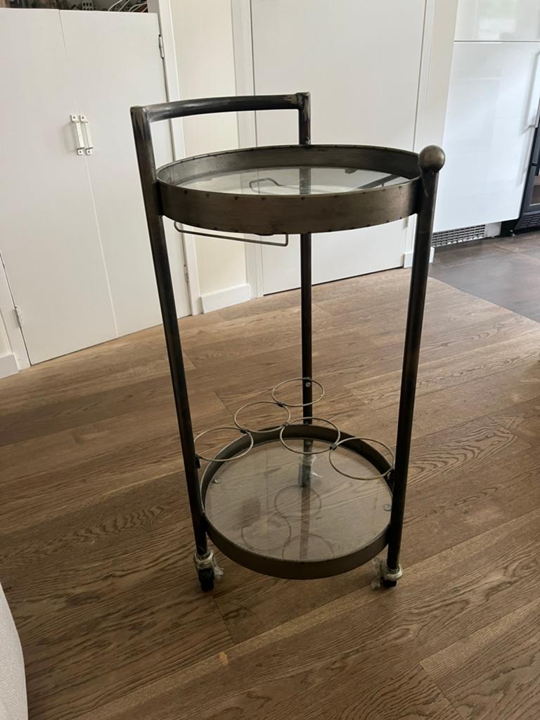 Vintage serveerwagen / barcart met glas en metaal, Huis en Inrichting, Tafels | Bijzettafels, Ophalen, Gebruikt, Metaal of Aluminium