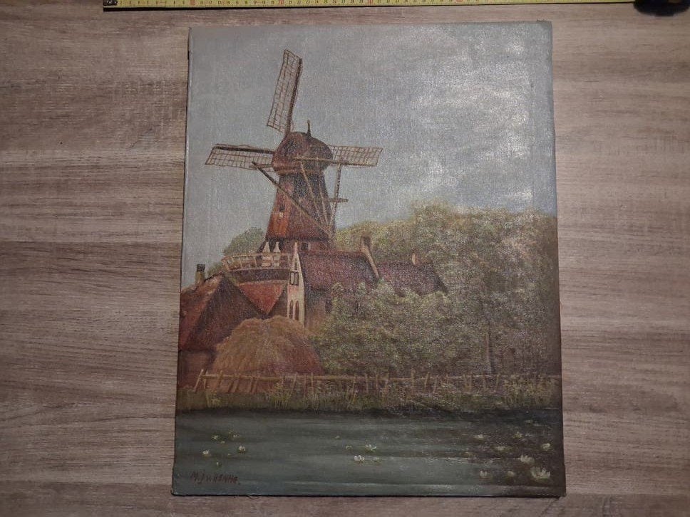 Klassiek Hollands Landschap met Molen - Olieverf op Doek, Ophalen