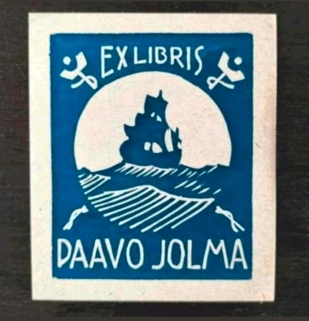 Exlibris Paavo Jolma (Pekka Törmä, 1945, Finland) Zeilschip, Antiek en Kunst, Kunst | Etsen en Gravures, 6 cm, Origineel, 7 cm