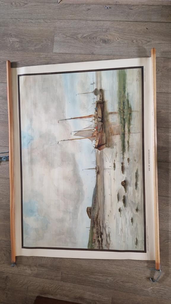 Vintage schoolplaat 'Vissersboten strand' - Wester-Schelde, Ophalen of Verzenden, Natuur en Biologie