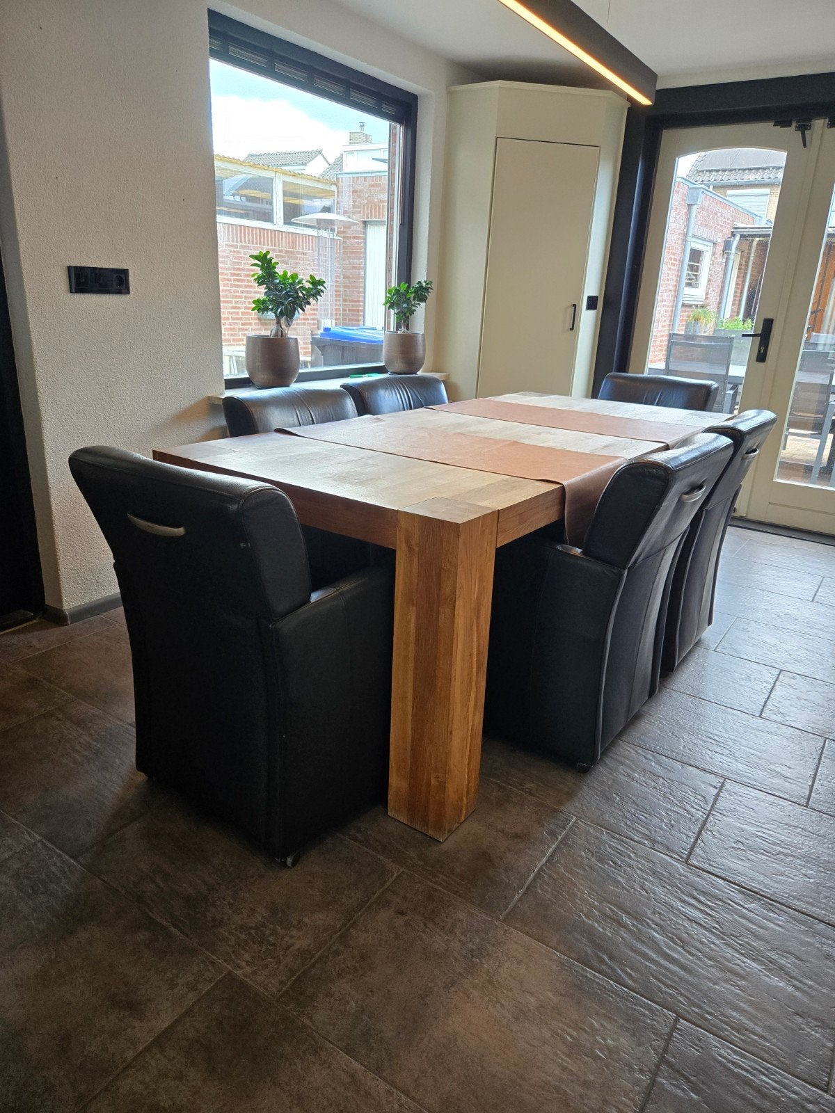 Zwarte leren eetkamerstoelen - 6 stuks, Ophalen, Gebruikt, Zwart, Leer