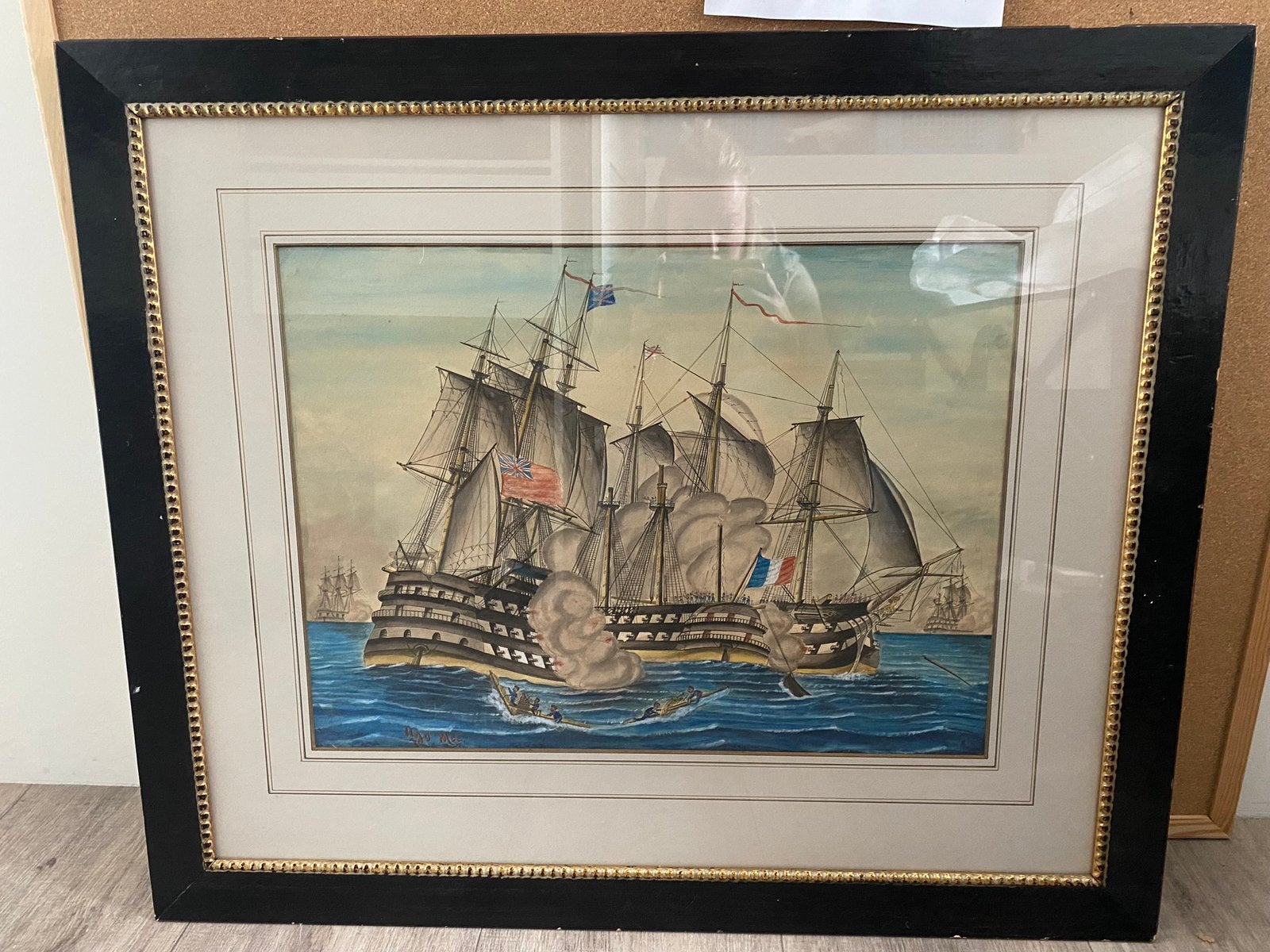 Vintage maritieme schilderij – zeeslag, Antiek en Kunst, Ophalen of Verzenden