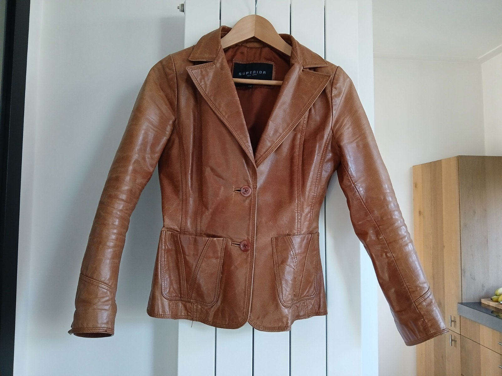Mooie getailleerde leren jas cognac - Maat XS, Ophalen, Superior New York, Bruin, Maat 34 (XS) of kleiner