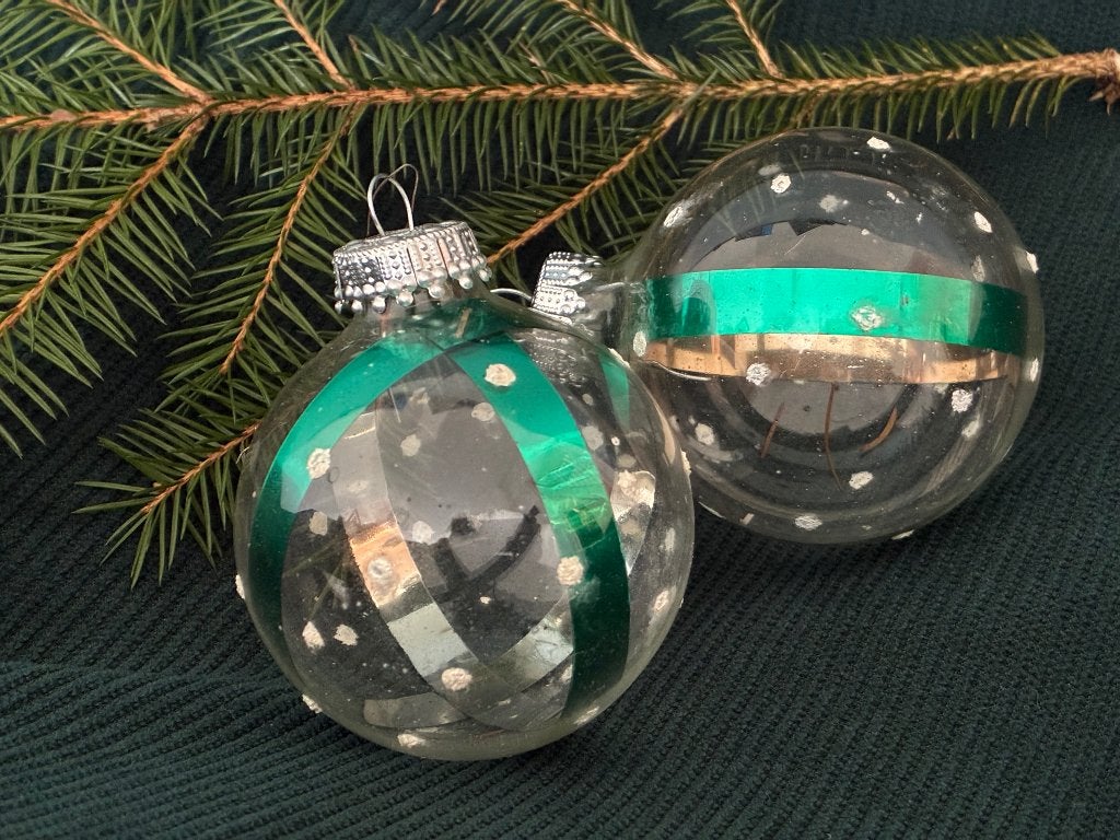 Set 2 vintage glazen kerstballen groen zilver  50/70 krebs?, Ophalen of Verzenden, Gebruikt