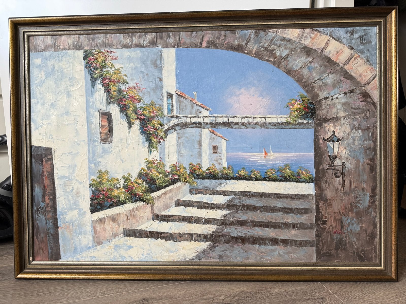 Gratis - Grieks schilderij met houten lijst, Antiek en Kunst, Ophalen, Doek, Expressionistisch, Olieverf