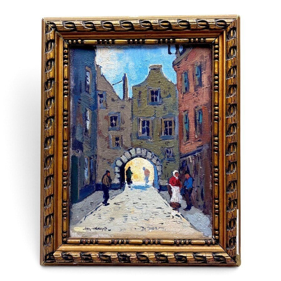 Joop Kropff (1892-1979) - een stadsgezicht met poort, Antiek en Kunst, Nederlandse school, Doek, Ophalen of Verzenden, Olieverf