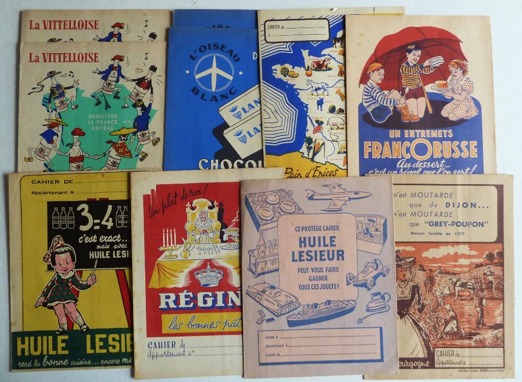 10 Oude Franse reclame omslagen voor schriften jaren 50, Ophalen of Verzenden, Gebruikt, Reclamebord