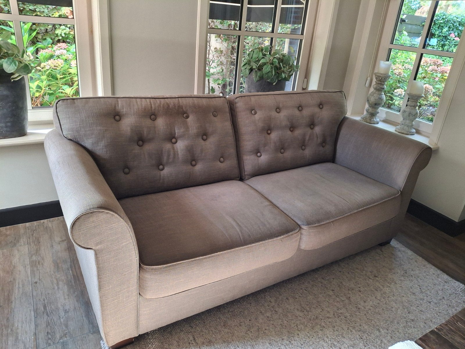 Comfortabele stoffen banken  en fauteuils met taupe kleur st, Ophalen, Gebruikt, 150 tot 200 cm, Tweepersoons