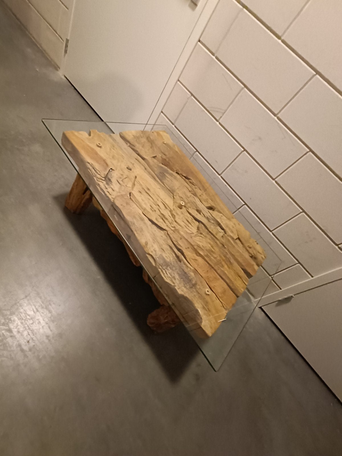 Unieke salontafel van teakhout en glas, Ophalen, 100 tot 150 cm, Glas, 50 tot 100 cm