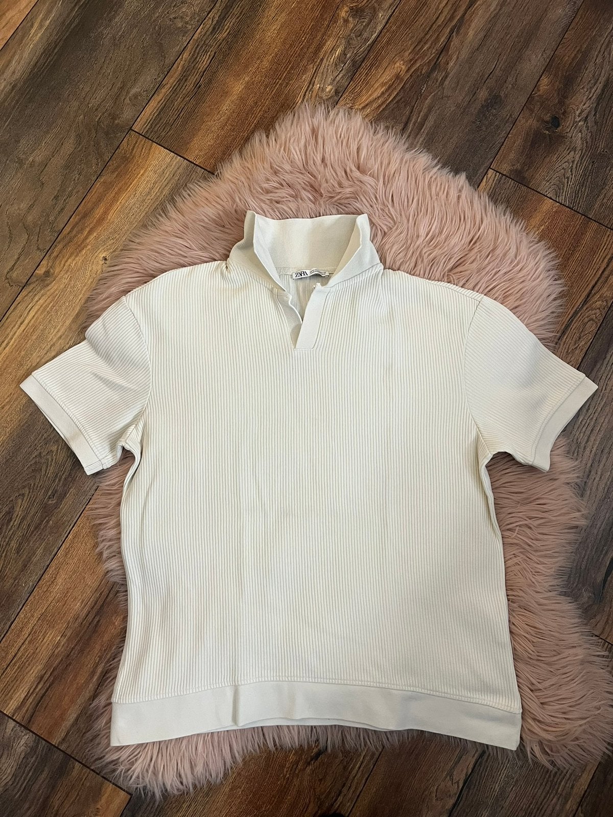 Zara Heren Polo Shirt Maat M - Crème Geribbeld, Ophalen of Verzenden, Zo goed als nieuw, Beige