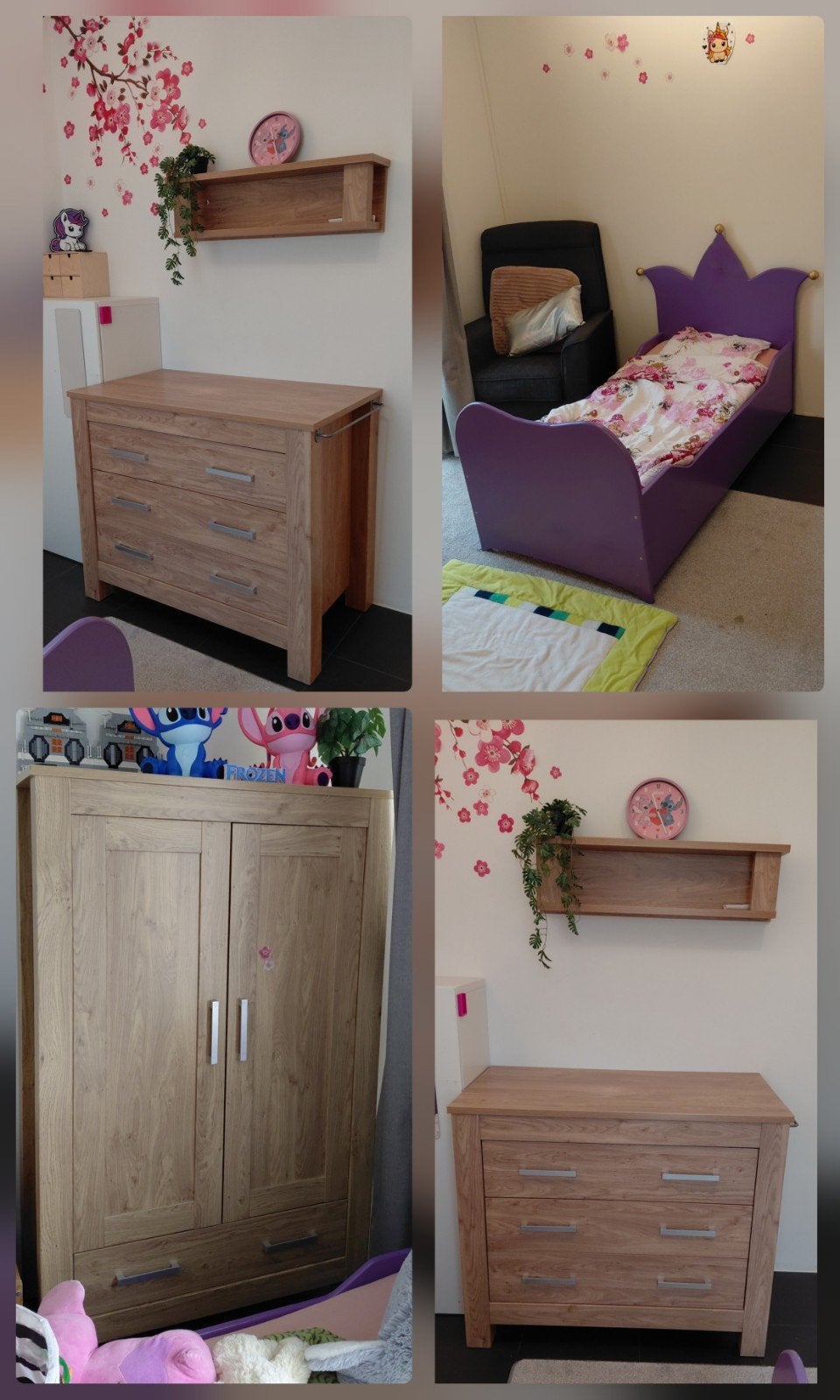 Kinderkamer set: Paars kinderbed, commode, kledingkast, Ophalen, 85 tot 100 cm, Gebruikt, Lattenbodem