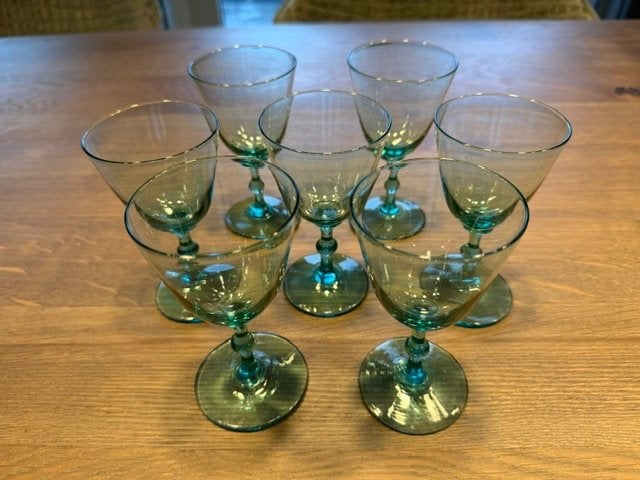 Set 7x Vintage Groene Likeur/Wijnglazen - Handgeblazen '30, Antiek en Kunst, Antiek | Glas en Kristal, Ophalen of Verzenden