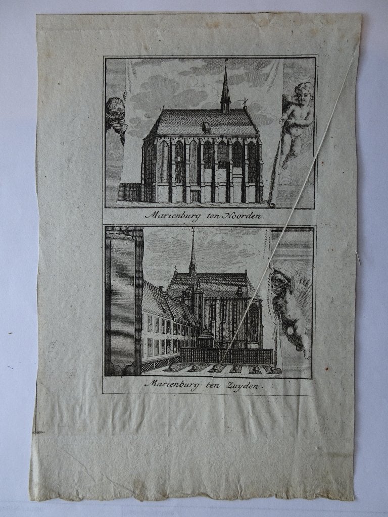 gravure Marienburg ten Noorden ten Zuiden Nijmegen 18e eeuw, Architectuur, Ophalen of Verzenden, Gravure, Origineel