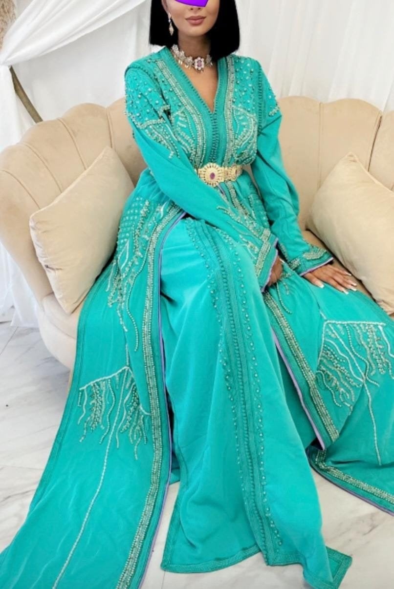 Prachtige turquoise Marokkaanse Kaftan met borduursels, Maat 38/40 (M), Overige typen, Ophalen of Verzenden, Groen
