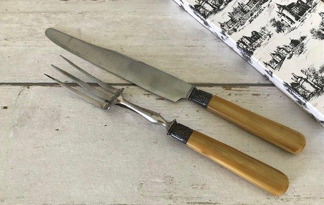 Antieke Franse vleesvork en mes met benen heft in doos, Antiek en Kunst, Ophalen of Verzenden
