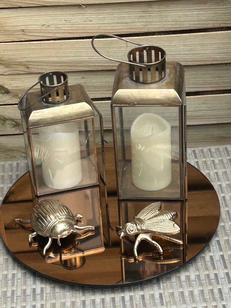 Set van 2 metalen lantaarns met decoratieve insecten, Ophalen, Gebruikt