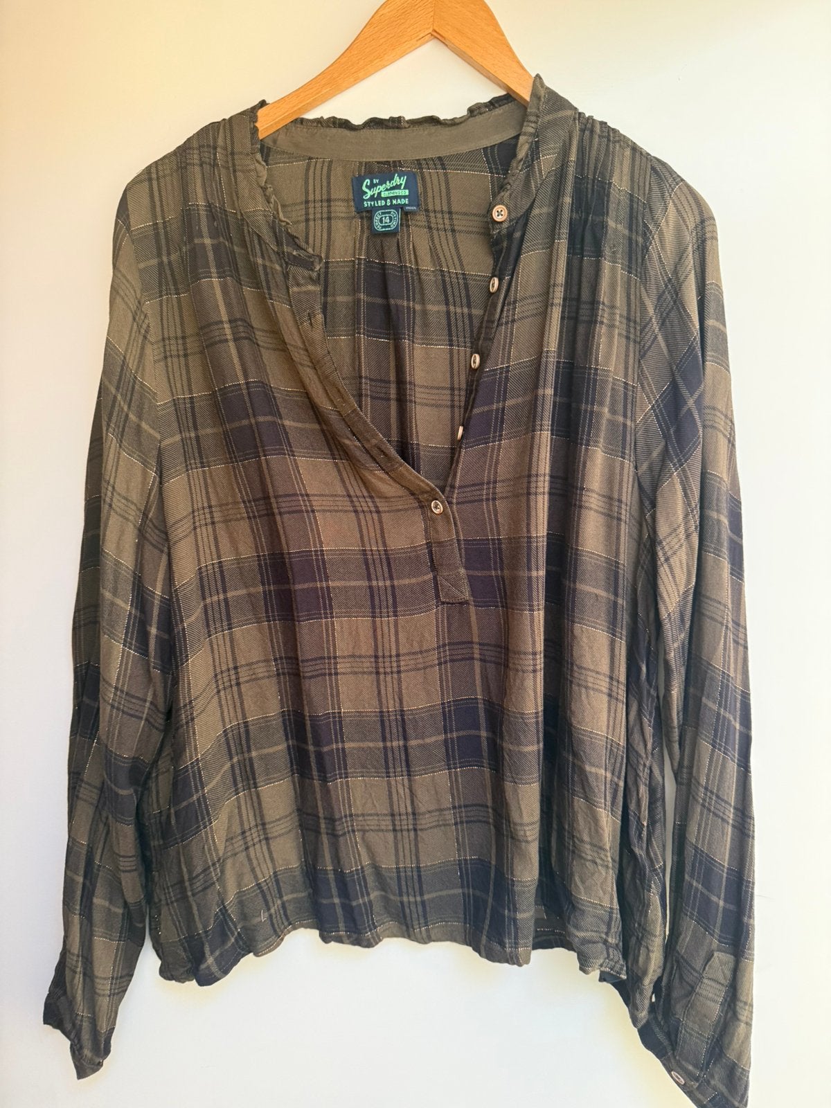 Superdry groene blouse zwart met lurex maat L 14, Ophalen of Verzenden, Zo goed als nieuw, Zwart