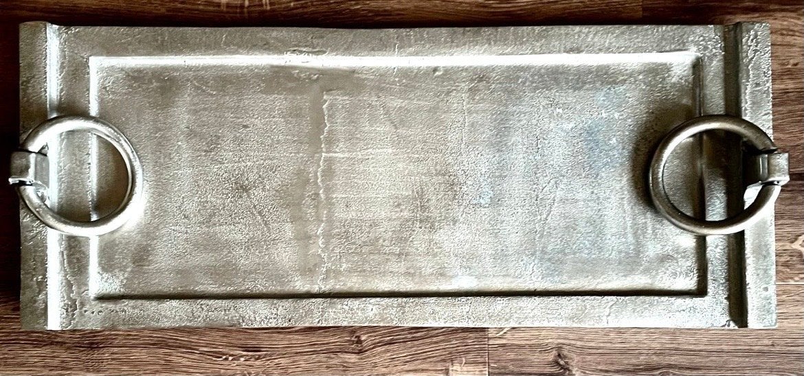 Decoratieve zilverkleurige schaal met handvatten, Gebruikt, Ophalen of Verzenden, Metaal, Industrieel