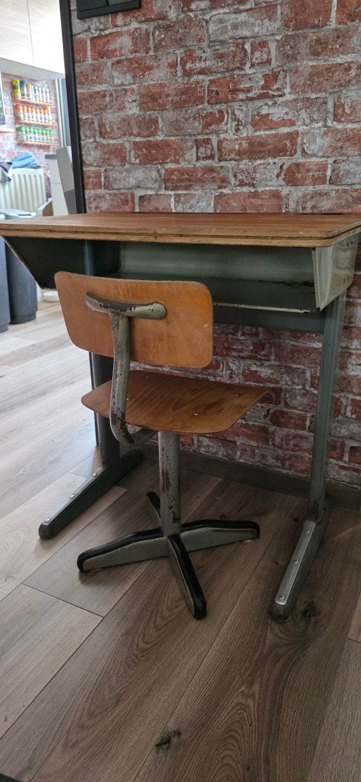 Vintage kinderbureau met stoel - Hout en metaal, Ophalen, Gebruikt, Tafel(s) en Stoel(en)