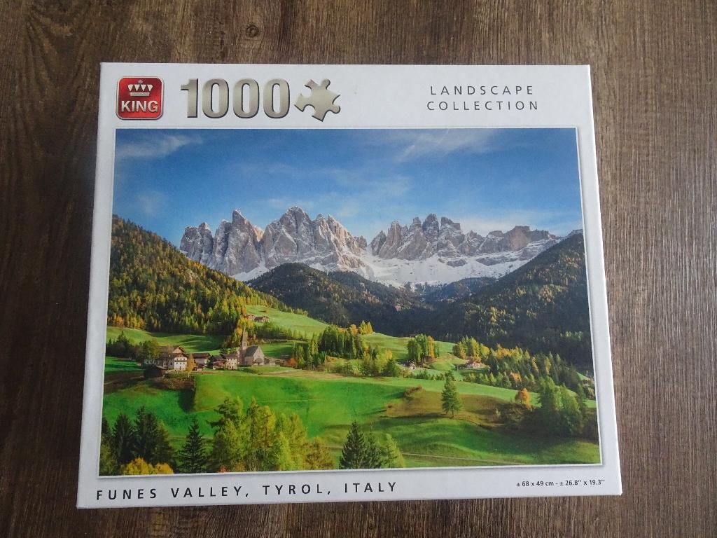 King legpuzzel Funes Valley, Tirol , Italy , 1.000 stuks, Ophalen of Verzenden, 500 t/m 1500 stukjes, Gebruikt, Legpuzzel