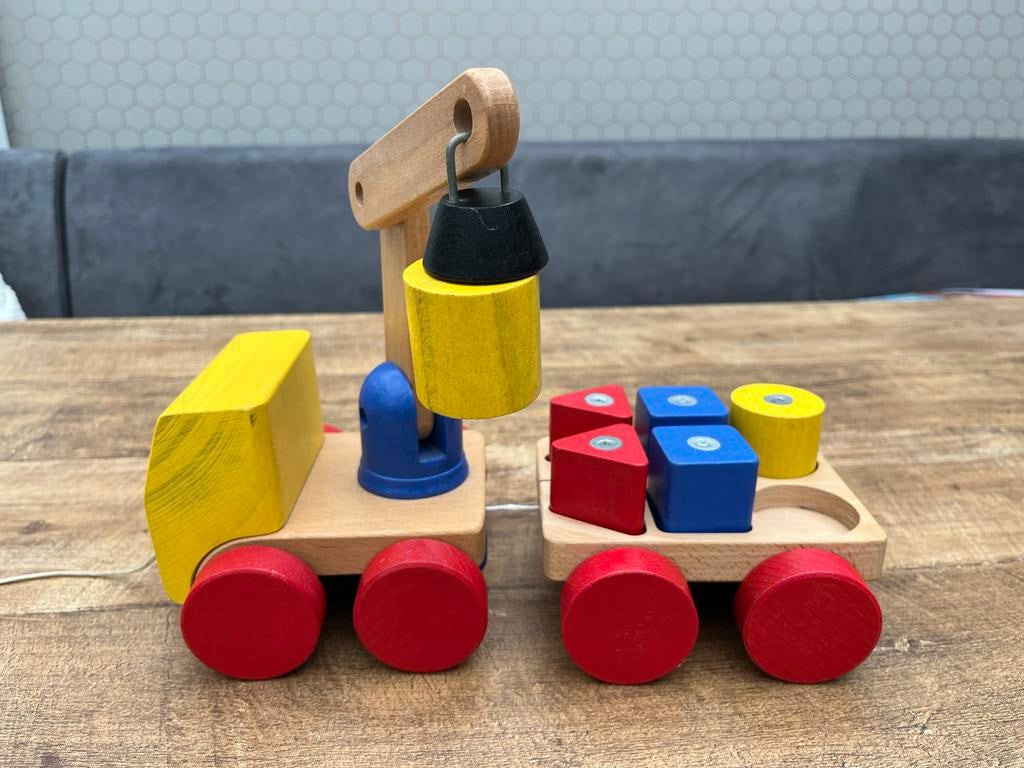 Houten Kraanwagen met Blokken - Duw- of Trekspeelgoed, Ophalen of Verzenden, Gebruikt, Duw- of Trekspeelgoed