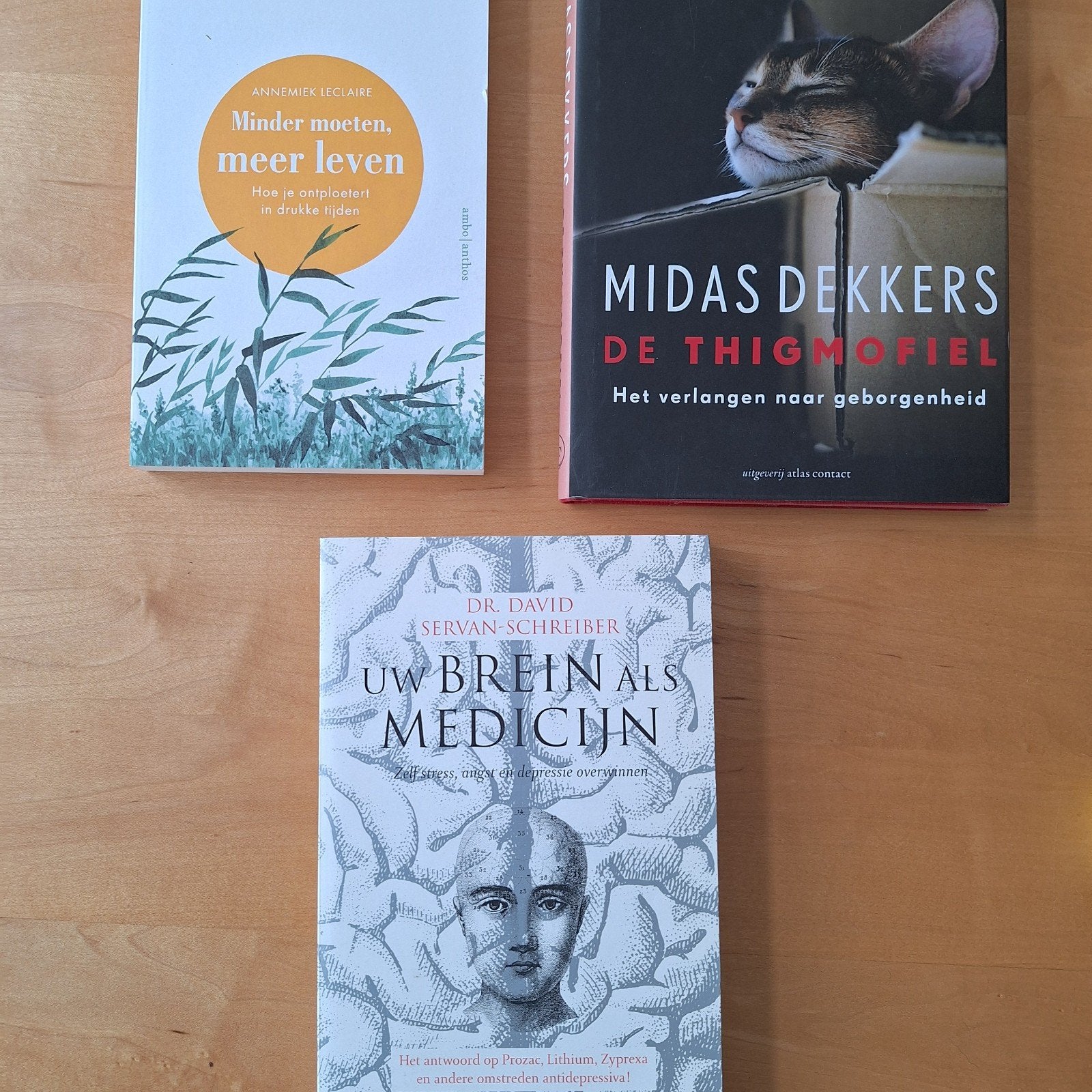 3 Boeken Uw Brein als Medicijn, Minder moeten, meer lev, Ophalen of Verzenden, Gelezen, Dr. David Servan-Schreiber, Annemiek Leclaire, Midas Dekkers