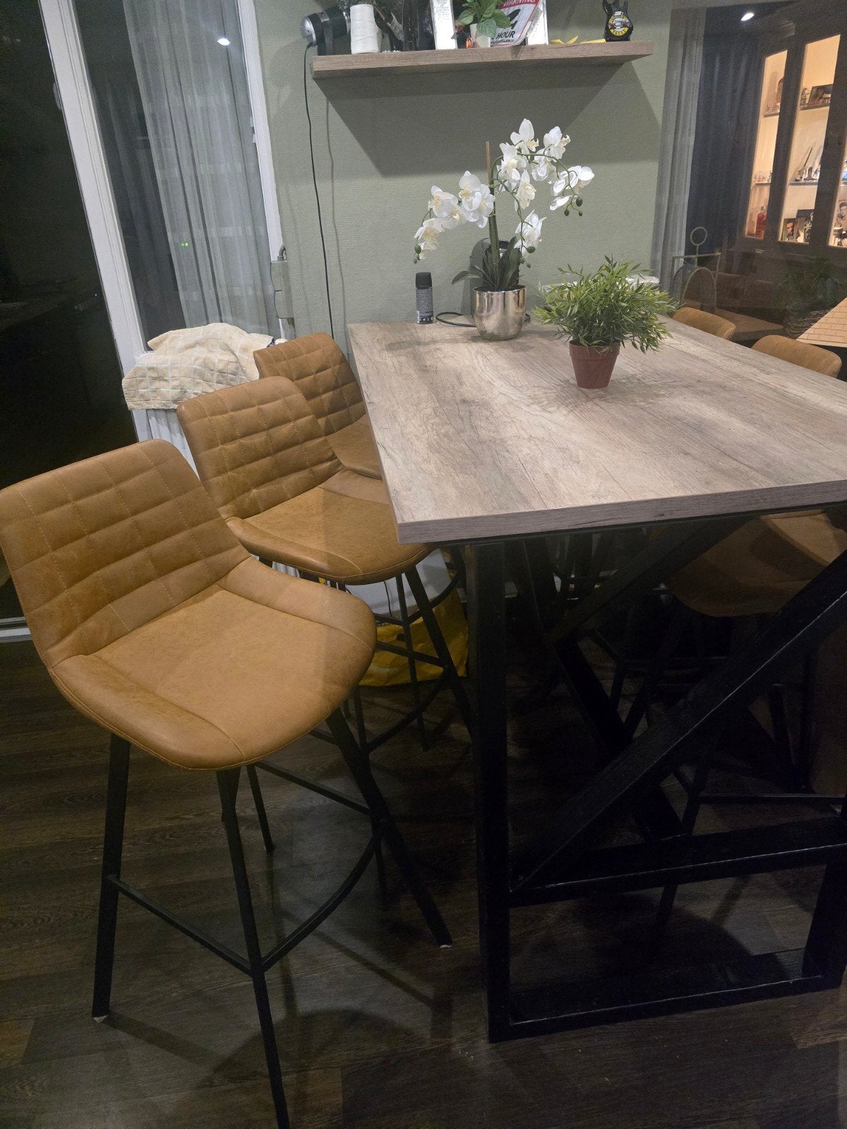 Bartafel met 6 lederen barkrukken, Hout, Ophalen of Verzenden, 90 cm of meer, Gebruikt