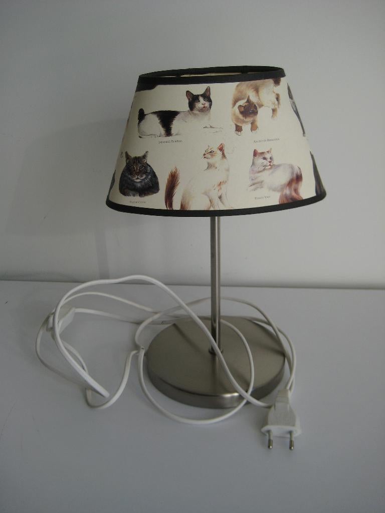 Tafellamp 30 cm hoog katten poezen lampenkap+zilver, Ophalen of Verzenden, Zo goed als nieuw, Metaal, Minder dan 50 cm