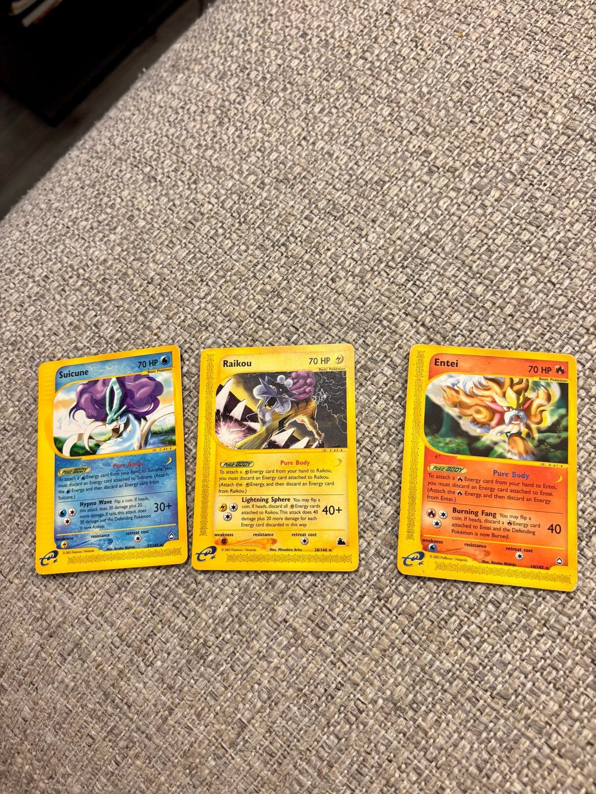 Pokémon Kaarten: Suicune, Raikou, Entei. Skyridge set., Ophalen of Verzenden, Gebruikt, Meerdere kaarten