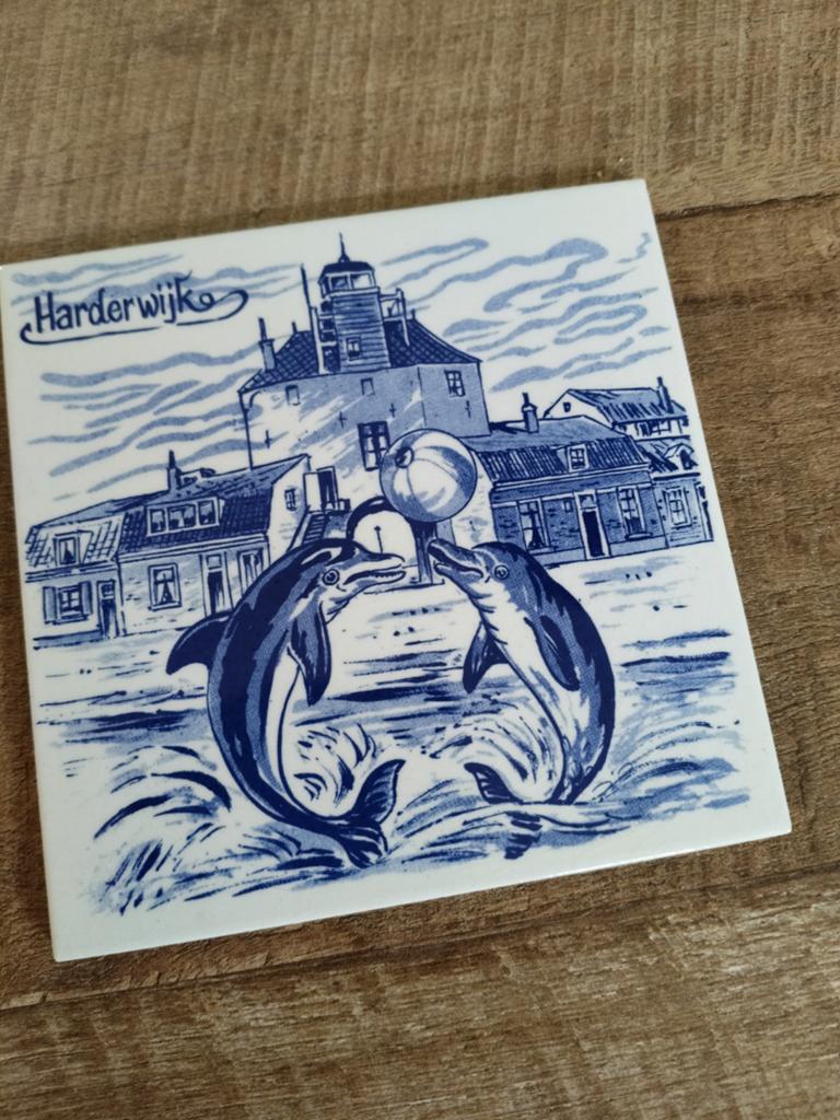 Delfts Blauw Tegel Harderwijk Dolfijnen 15,5 x15,5 cm, Antiek en Kunst, Ophalen of Verzenden