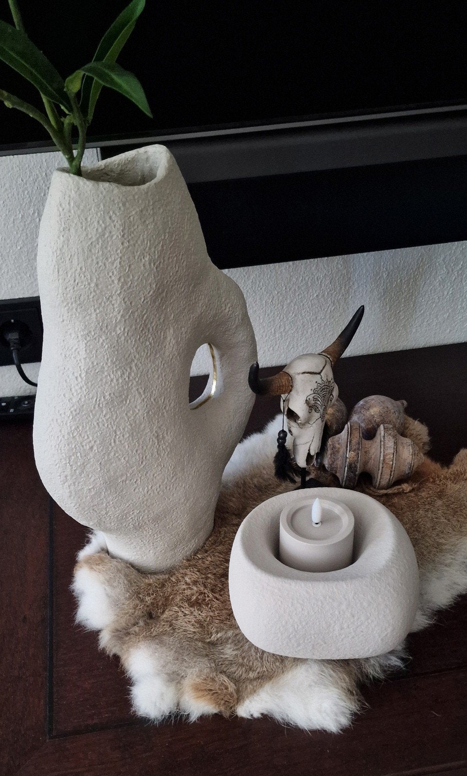 Nw. set organische Light&Living vaas, waxinelichhouder compl, Kunststof, Beige, Nieuw, Ophalen of Verzenden