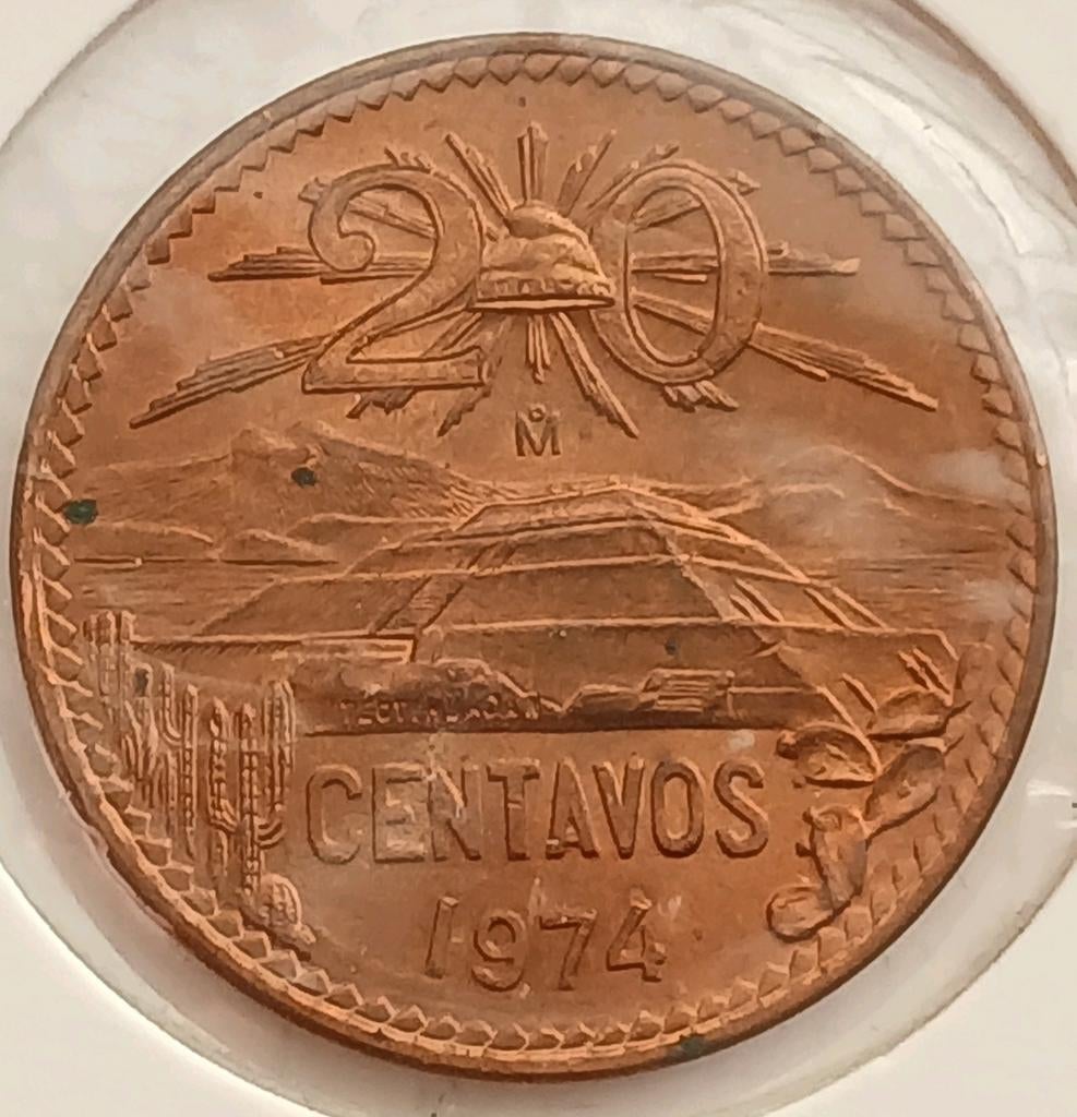 20 Centavos 1974 Mexico Oude UNC/FDC Munt Maya Tempel Incas, Ophalen of Verzenden, Noord-Amerika