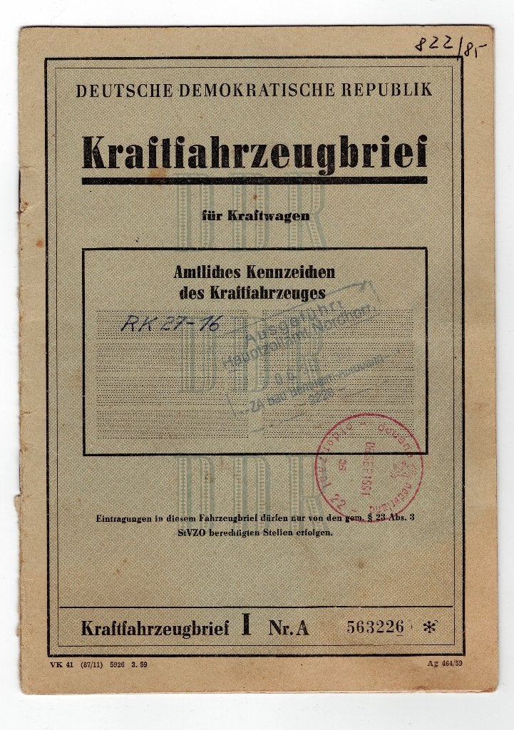 Originele DDR Kraftfahrzeugbrief (voertuigbrief) uit 1970, Ophalen of Verzenden, Gebruikt, Auto's