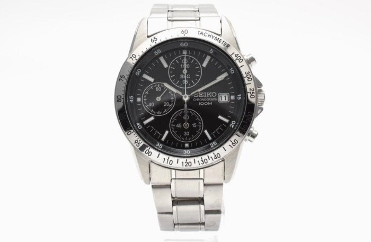 Stijlvolle Seiko Chronograph 100M Herenhorloge  Zwart/Zilver, Seiko, Staal, Polshorloge, Ophalen of Verzenden