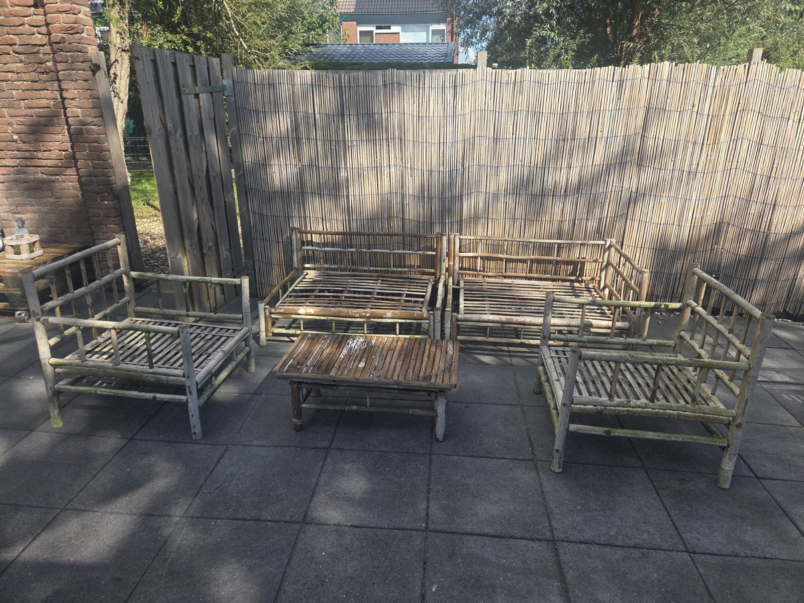 Bamboe tuinset (2x bankje/2x stoel/tafel), Tuin en Terras, Ophalen, Gebruikt, 6 zitplaatsen, Loungeset